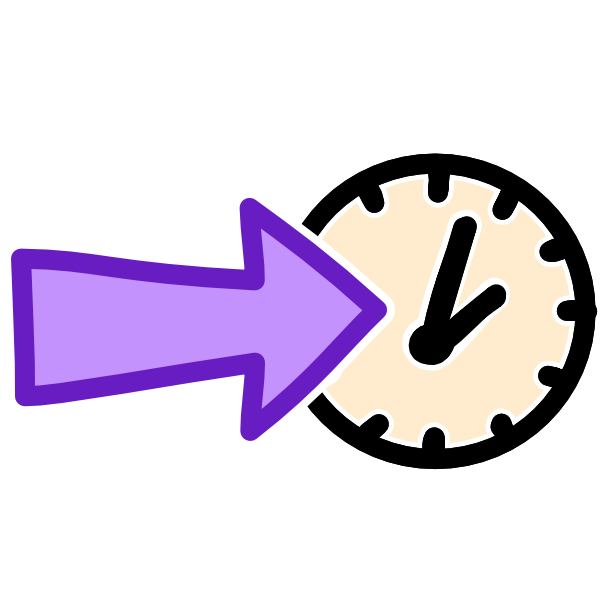 A clock on the right and a large purple arrow on the left pointing right. The arrow and clock are outlined in white. The purple arrow slightly overlaps the clock face.